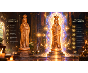 Illustration Hanka comparant une statue artisanale en bois et sa représentation avatarisée entourée de lumière