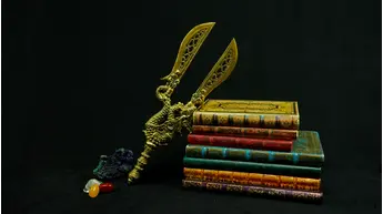 Lance Majapahit posée sur des livres