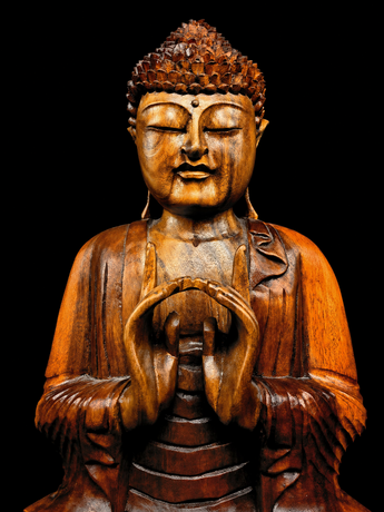 Détail du visage et des mains jointes du Bouddha de la Paix