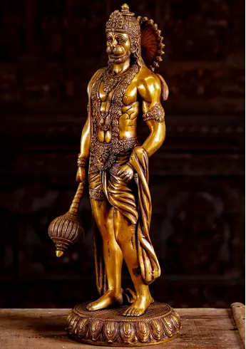 Statue bénie de Hanuman en laiton, vue de trois quarts