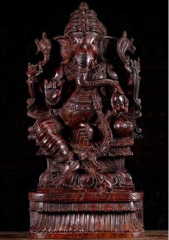 Grand Ganesh béni sculpté en bois de neem
