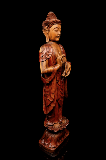 Bouddha béni de l’Enseignement en bois de suar, profil droit