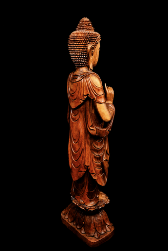 Bouddha béni de l’Enseignement en bois de suar, vue arrière