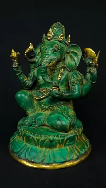 Statue bénie de Ganesh vert en laiton, vue complémentaire n°3