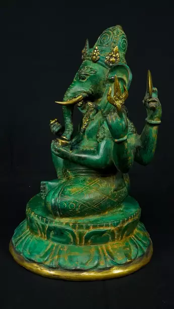 Statue bénie de Ganesh vert en laiton, vue complémentaire n°5