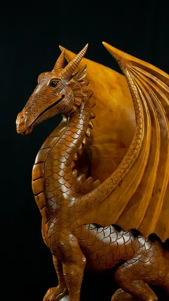 Détail de la tête du Dragon béni n°2 en bois de suar