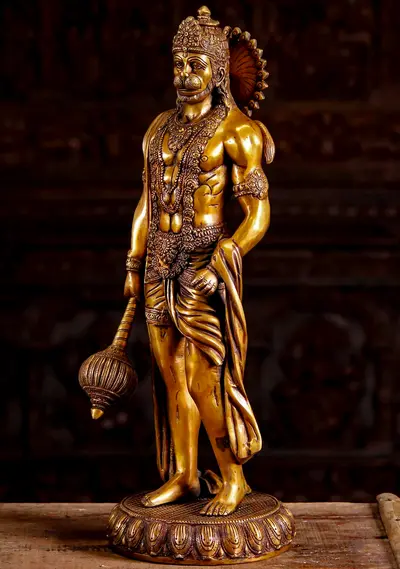 Statue bénie de Hanuman en laiton, vue de trois quarts